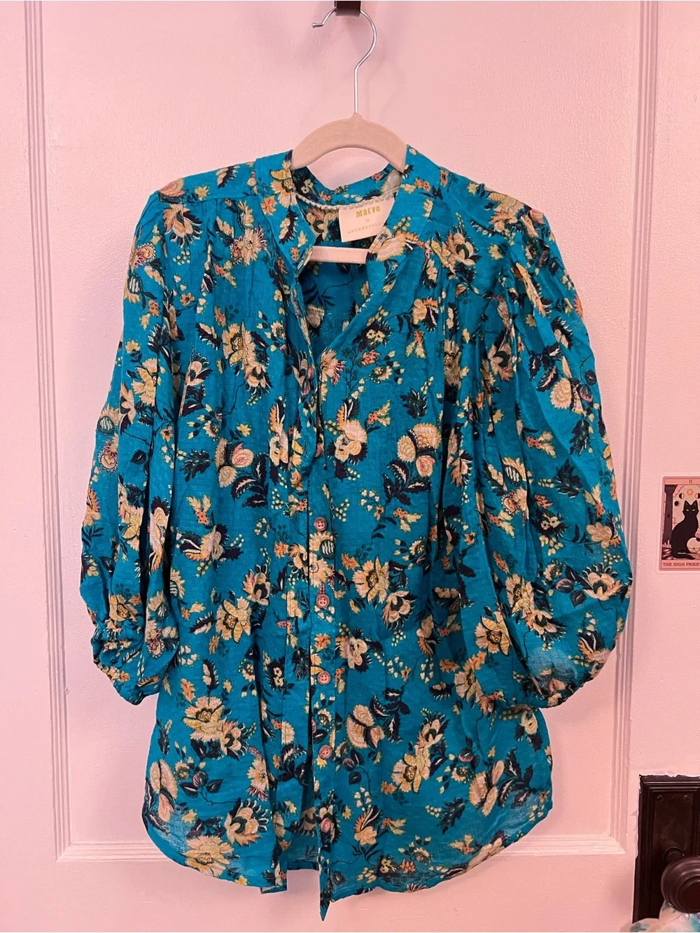 Anthropologie Maeve Turquoise Floral Button-Up Blouse